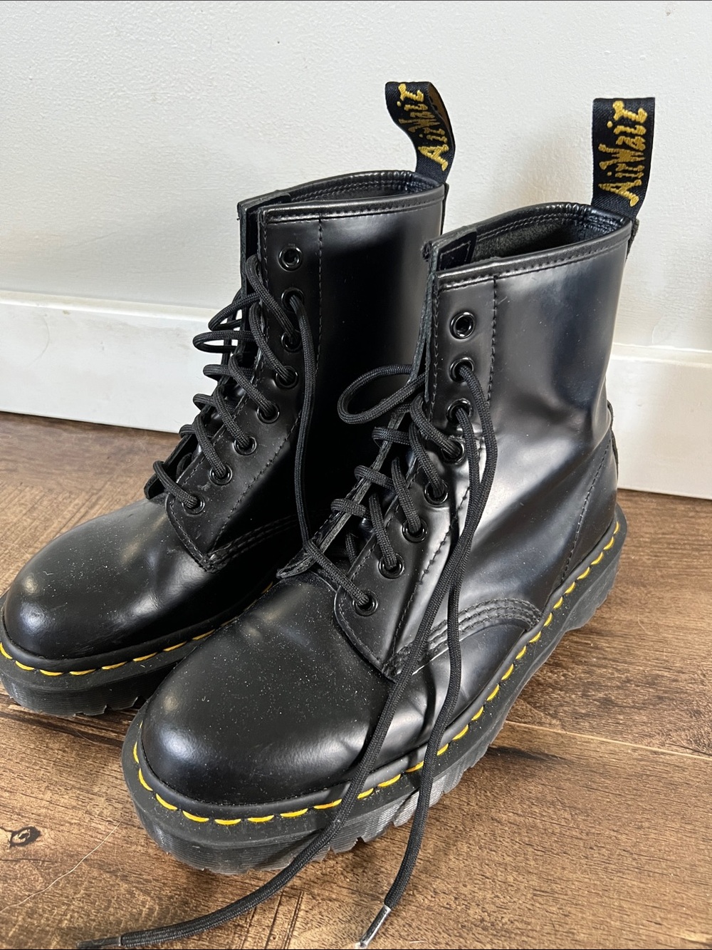 Dr. Martens Black Leather Platform Lace-Up Boots with Yellow Stitching